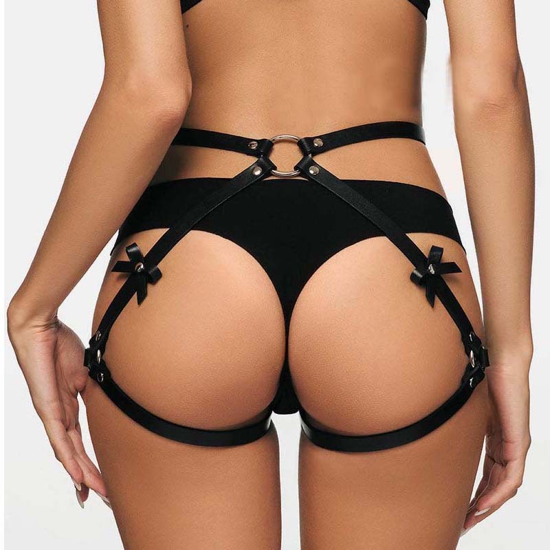 Women's Erotic Leather Bondage Harness – Adjustable Buttocks Belt with Stockings