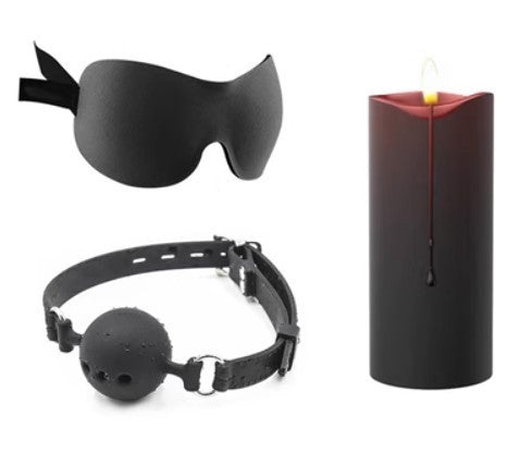 Bundle Forced Deep Throat Mouth Ball with Silicone Toys Set – Mouth Ball, Breast Clip, Eye Mask & Candle