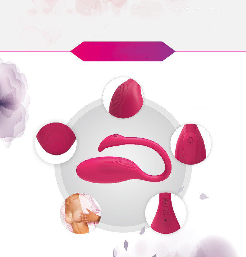 Graphic presentation of a pink wearable sex toy showcased in a circular layout with zoomed-in views of its ergonomic parts. The central image features the complete curved vibrator, surrounded by close-ups highlighting its smooth texture and control buttons, set against a soft, floral background for an elegant appeal.