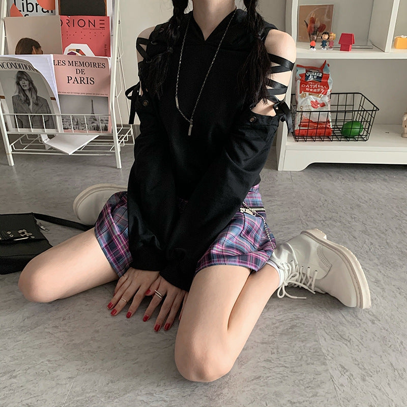 Women's Hooded Sweatshirt - Autumn Long Sleeve Top with Lace and Bow Details