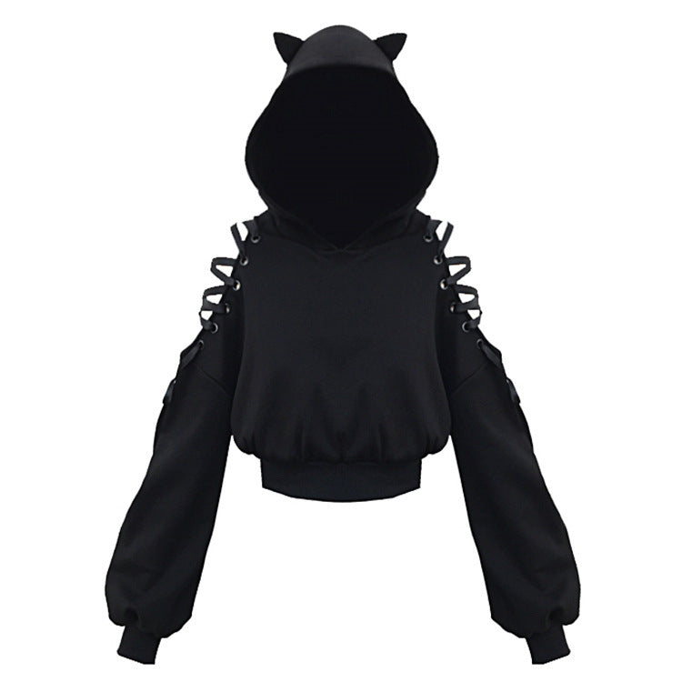 Women's Hooded Sweatshirt - Autumn Long Sleeve Top with Lace and Bow Details