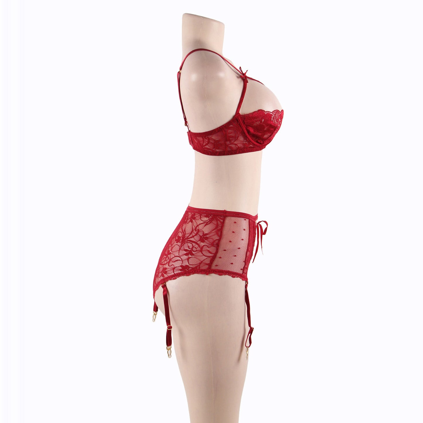 Large Size Lace Steel Ring Bra & Garter Panties Set – Sexy Polyester Lingerie for Women