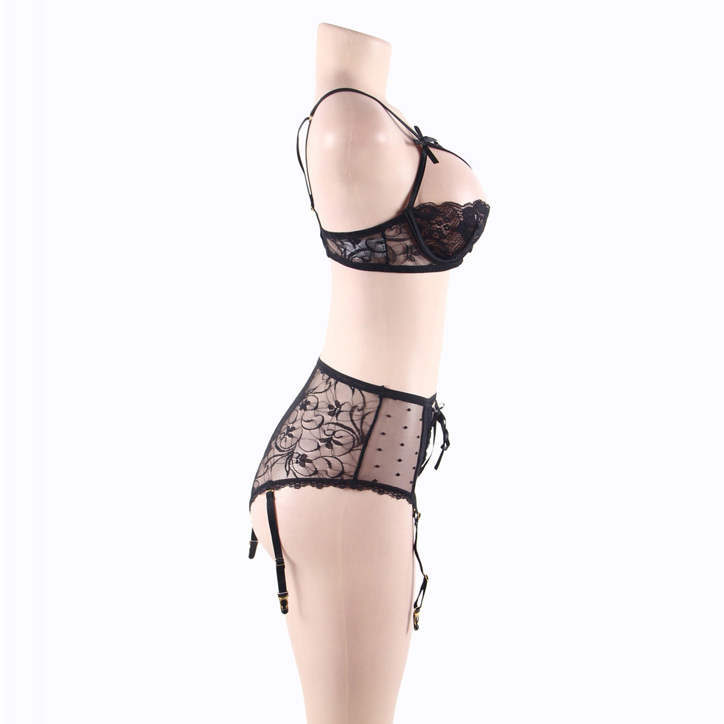 Large Size Lace Steel Ring Bra & Garter Panties Set – Sexy Polyester Lingerie for Women