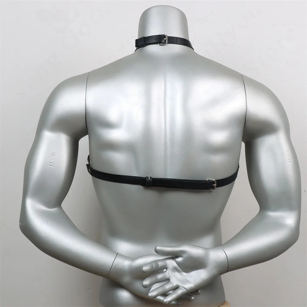 Men's Black Leather Body Chain - Fashionable Metal Chain for Casual Wear
