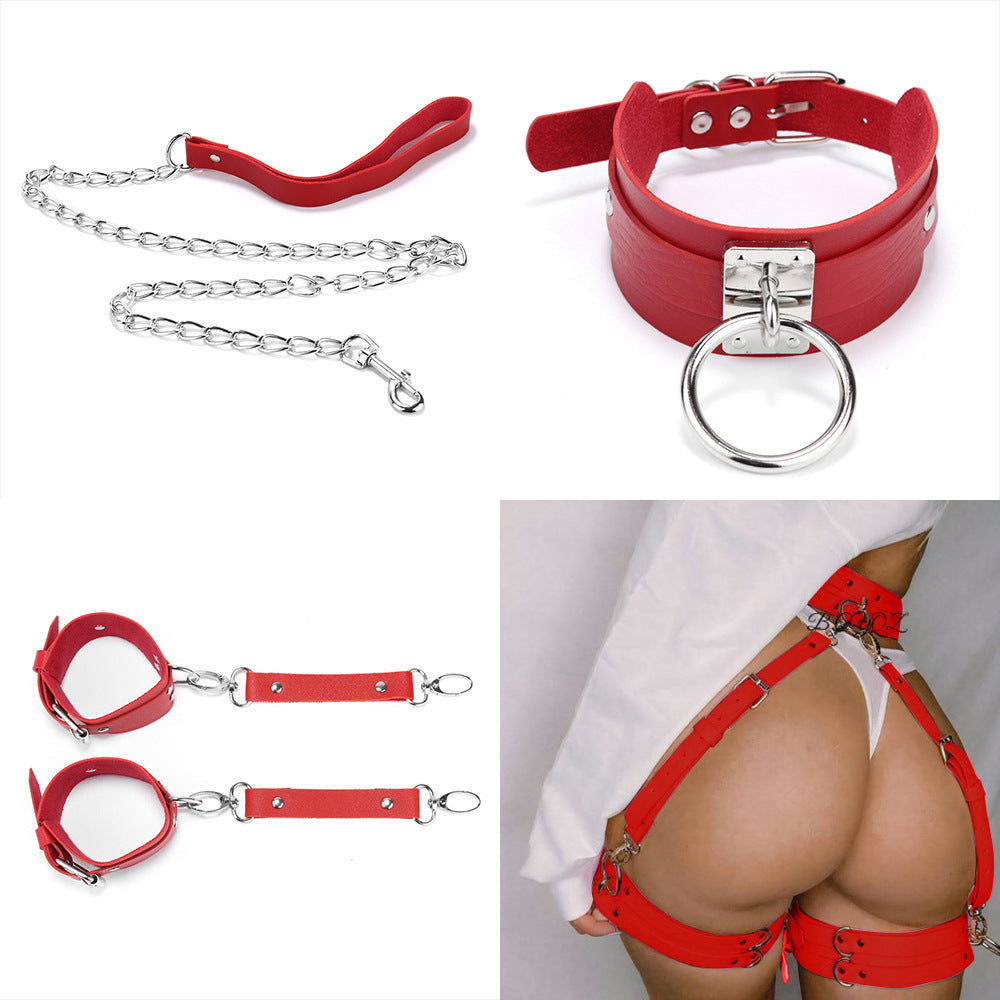 Women's PU Leather Bondage Belt and Necklet Set – Collar & Handcuffs in Black, Red, Pink