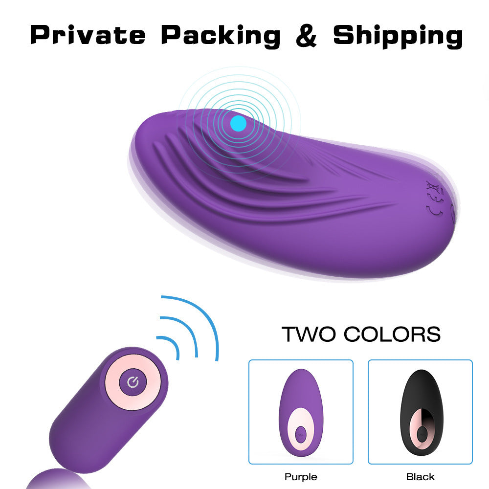Ensure your intimate adventures remain discreet with this sleek purple vibrator, featured with privacy-focused packaging and shipping details. The image also shows a remote control and highlights the availability of the vibrator in two sophisticated colors: purple and black. Each device promises powerful, remote-controlled vibrations for confidential pleasure anytime.
