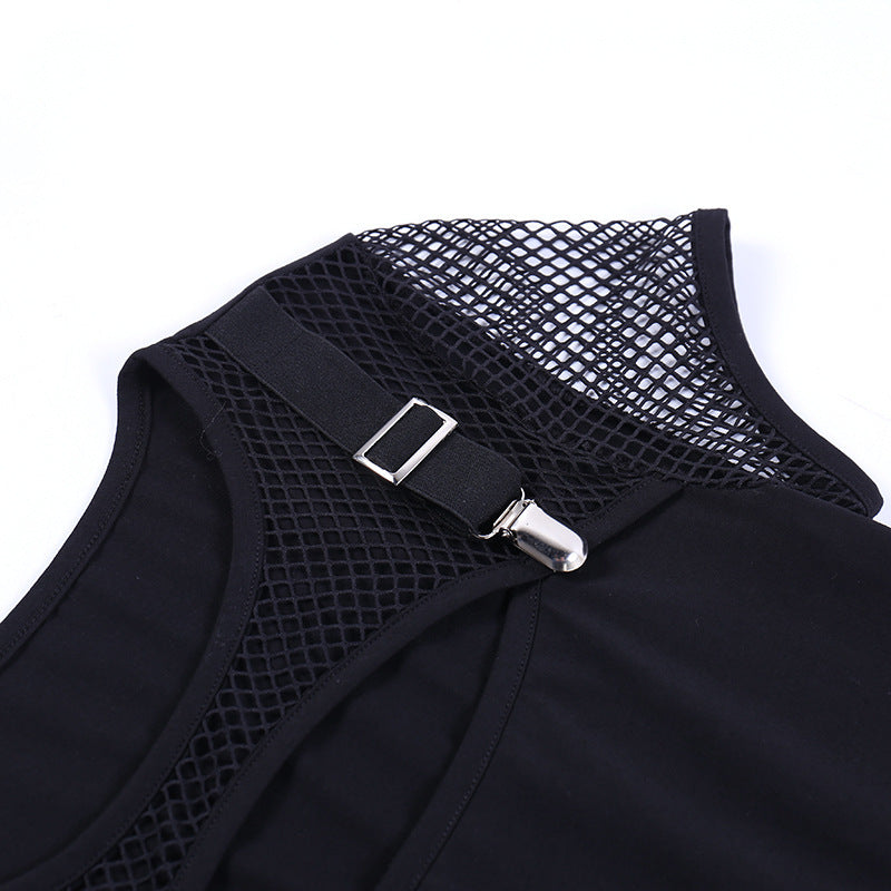 Women's Black Slim Hollow Mesh Patchwork Top | Fashion Short Sleeve Shirt