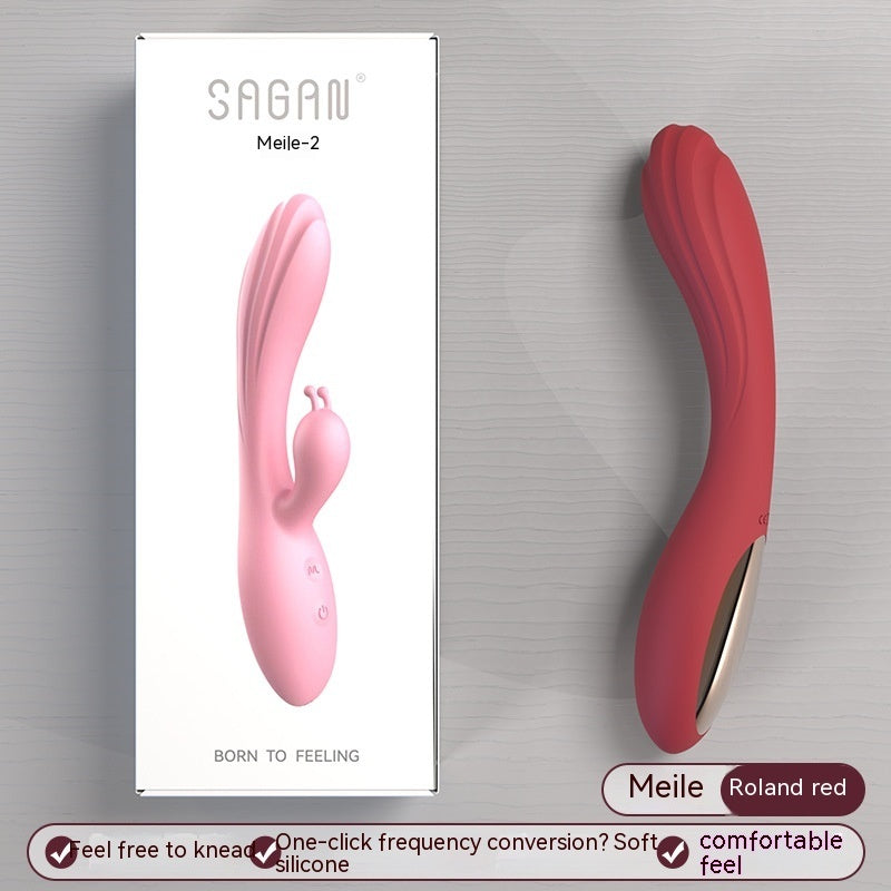 Red G-spot vibrator with sleek, curvy design next to its packaging. The box displays a pink variant of the vibrator, labeled 'Meile-2' by Sagan. The product highlights include a soft silicone texture, one-click frequency conversion, and a comfortable feel. Ideal for targeted G-spot stimulation with an ergonomic and elegant form.