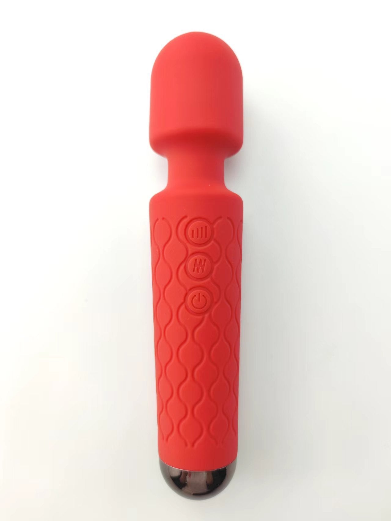 Red personal massager sex toy with a soft silicone head and textured grip handle, featuring multiple control buttons for varied intensity settings. The sleek design provides comfort and ease of use, suitable for targeted muscle relief or personal pleasure.