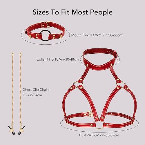 UTIMI Bondage Restraints BDSM Sex Toys Adjustable Bondage Gear & Accessories for Adult Couples, Chest Harness, Nipple Clamp, Neck Collar, and Open Mouth Gag 4 in-1 Sexy Toys Set Sex Game Tool, Red