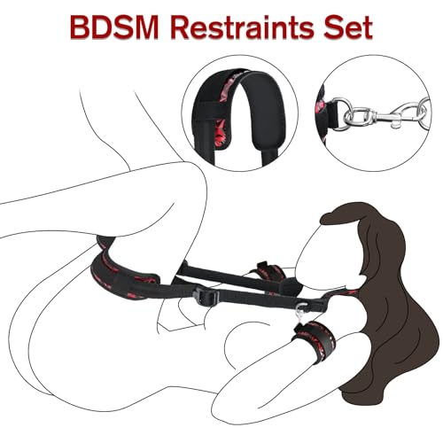 Sex Bondage BDSM Kit, Bed Restraints Set with Handcuffs Neck to Thigh/Ankle, Adjustable Leg Straps&Handcuffs for SM Adult Couples Game Play, Sex Toy for Women Beginner Leg Straps Tie Set Rope
