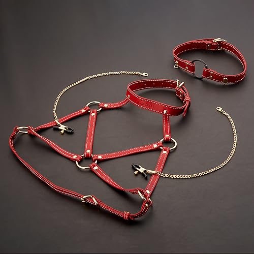 UTIMI Bondage Restraints BDSM Sex Toys Adjustable Bondage Gear & Accessories for Adult Couples, Chest Harness, Nipple Clamp, Neck Collar, and Open Mouth Gag 4 in-1 Sexy Toys Set Sex Game Tool, Red