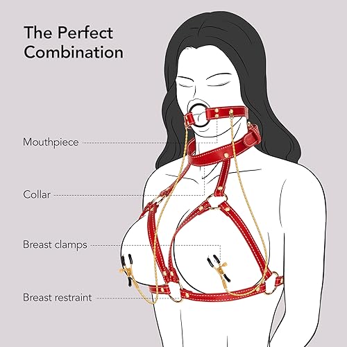 UTIMI Bondage Restraints BDSM Sex Toys Adjustable Bondage Gear & Accessories for Adult Couples, Chest Harness, Nipple Clamp, Neck Collar, and Open Mouth Gag 4 in-1 Sexy Toys Set Sex Game Tool, Red