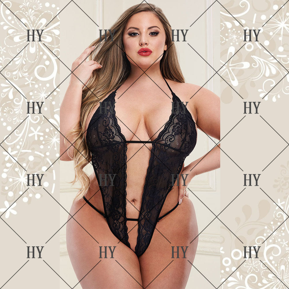 Lace See-Through Halter Jumpsuit for Plus Sizes – Sexy One-Piece Bodysuit in Black