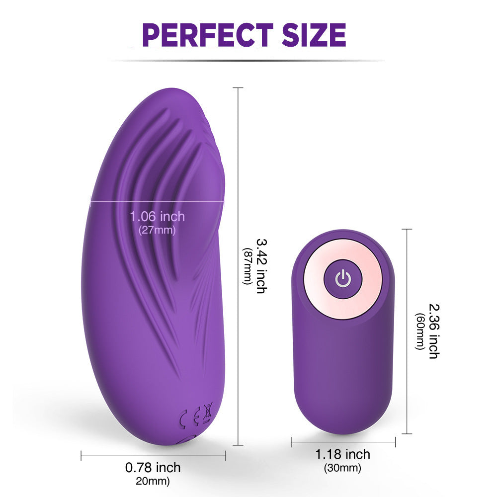 Explore the dimensions of pleasure with this perfectly sized purple vibrator, accompanied by its compact remote control. The dimensions are clearly detailed, with the vibrator measuring 1.06 by 0.78 inches and the remote at 3.42 by 1.18 inches, promising discreet yet powerful sensations designed to thrill and excite in intimate moments.
