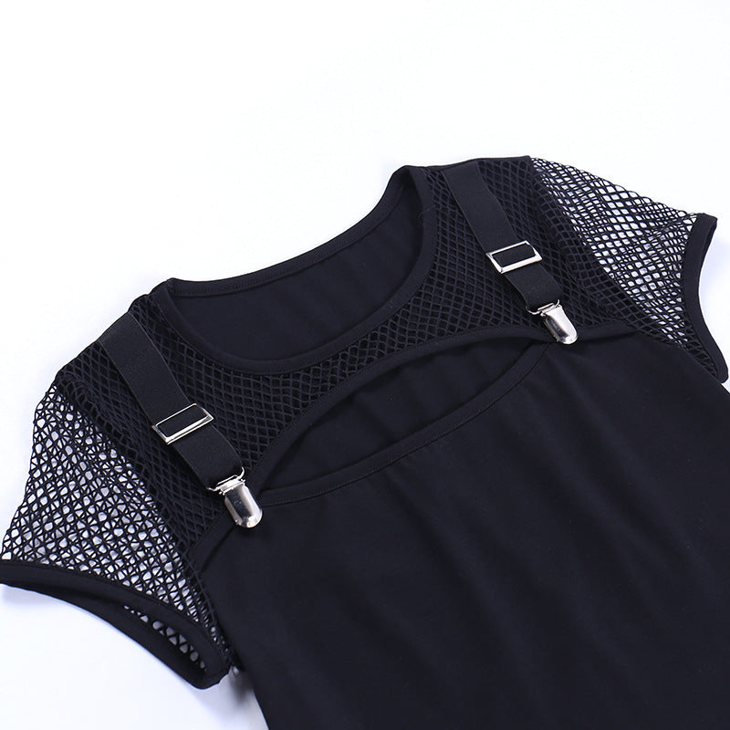 Women's Black Slim Hollow Mesh Patchwork Top | Fashion Short Sleeve Shirt