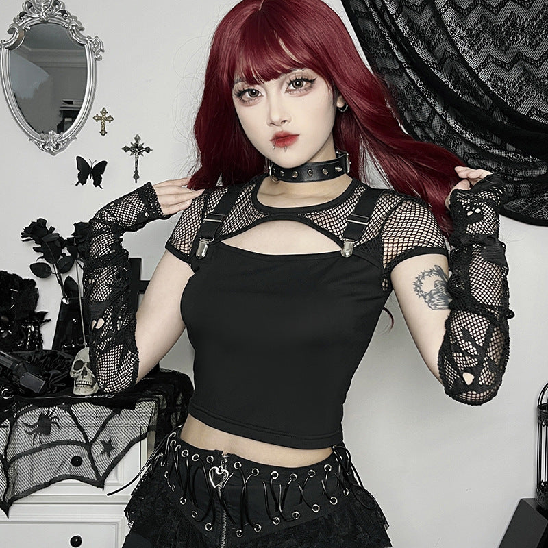 Women's Black Slim Hollow Mesh Patchwork Top | Fashion Short Sleeve Shirt