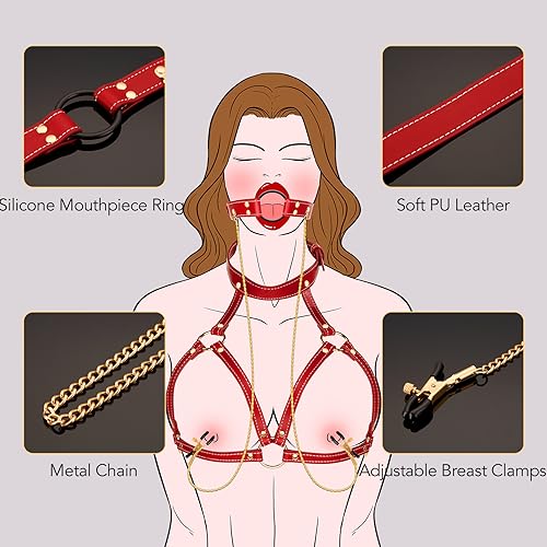 UTIMI Bondage Restraints BDSM Sex Toys Adjustable Bondage Gear & Accessories for Adult Couples, Chest Harness, Nipple Clamp, Neck Collar, and Open Mouth Gag 4 in-1 Sexy Toys Set Sex Game Tool, Red