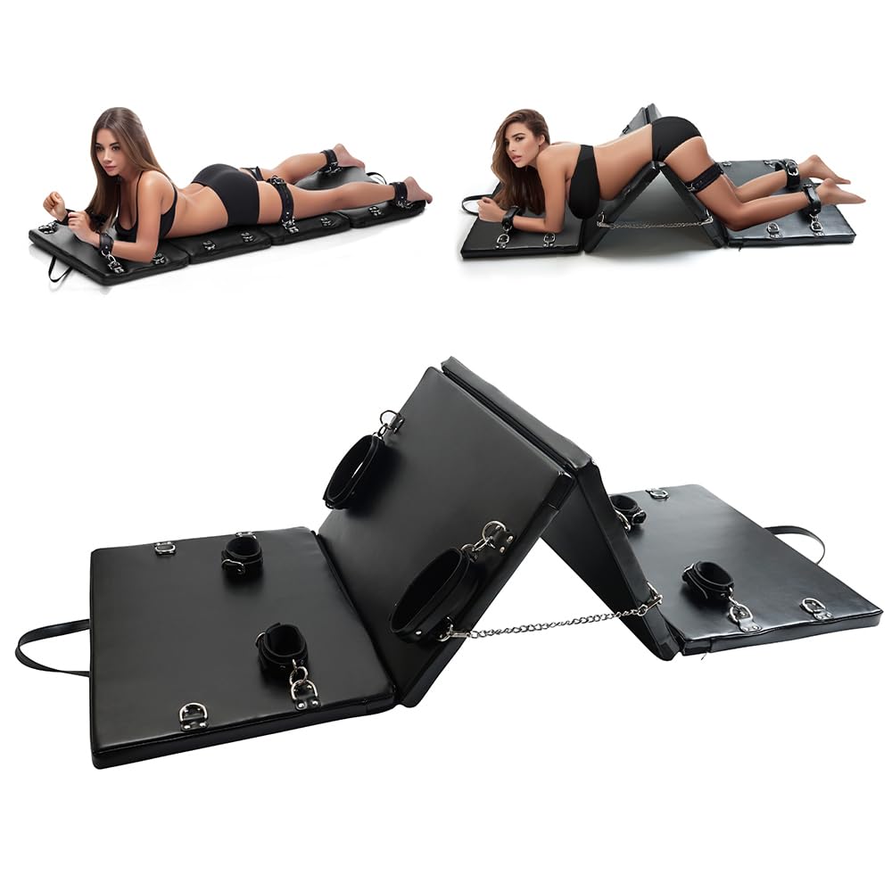 Sex Bondage Restraint BDSM Sex Furniture PU Leather Fetish Restraints System Portable Collapsible Sex Bed Sex Toys for Men Couples Adult Bondage Gear with Handcuffs Ankle Cuffs