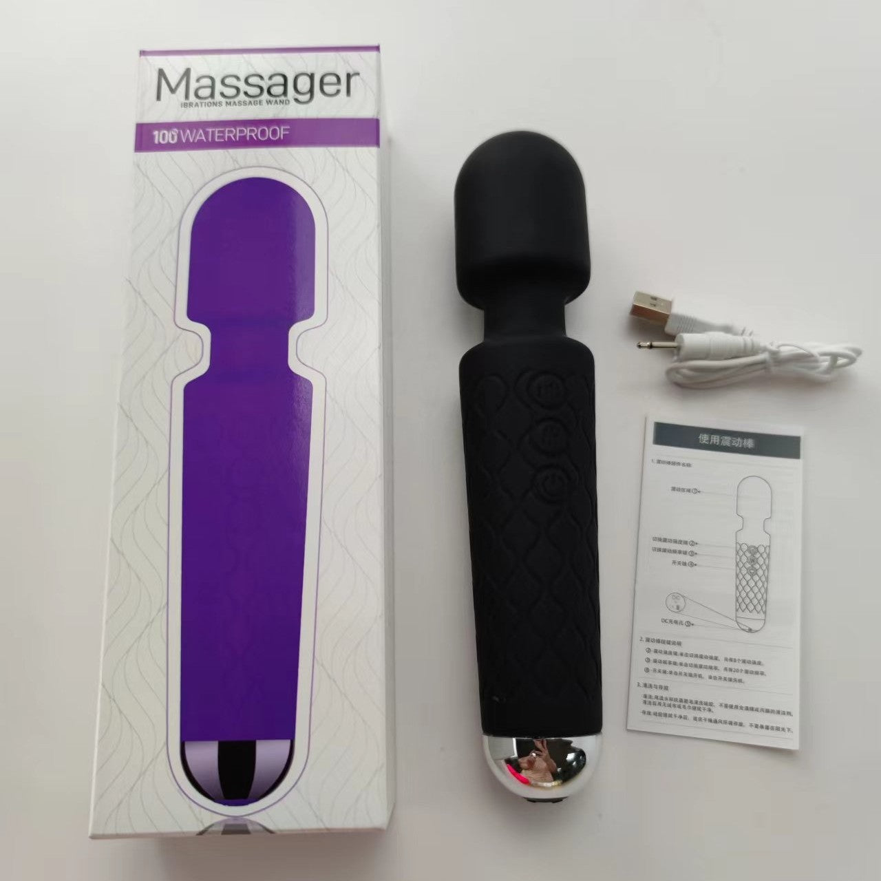 Unveil the thrill with this dark and mysterious black vibrator, displayed alongside its packaging and a USB charging cable. The box promises 100% waterproof pleasure, ensuring that this enticing toy is ready for some steamy adventures. The design is detailed with a textured grip for enhanced handling, making every touch intensely satisfying.