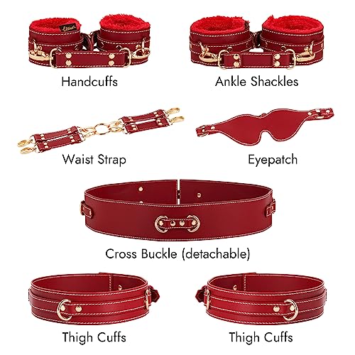 Sex Bondage BDSM Kit Restraints 6PCS Sets with Adjustable Handcuffs Ankle Cuff Thigh Cuffs Blindfold Cross Strap Waist Strap Adult SM Games Sex Toys for Men Women and Couples