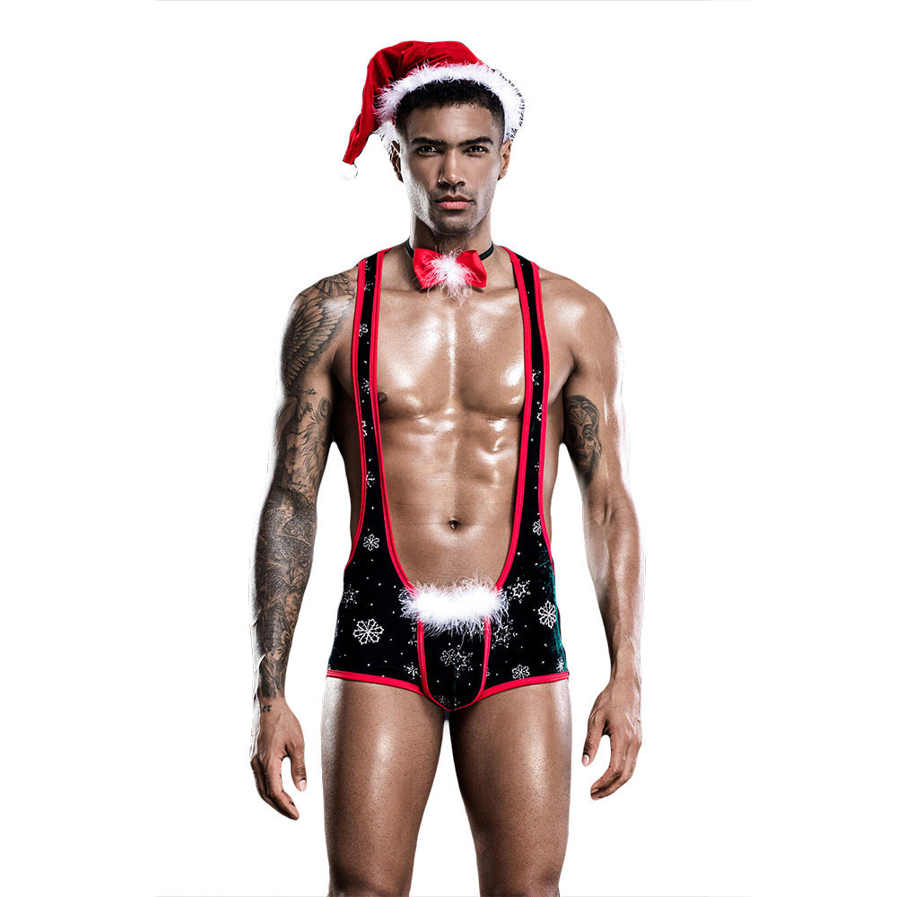 Men's Festive One-Piece Christmas Lingerie Outfit - Sexy Santa Costume with Hat and Bow Tie