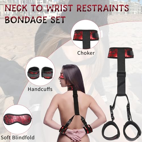 BDSM Neck to Wrist Restraints Bondage Set - Behind Back Handcuffs Collar with Blindfold Adjustable Bondage Set Bed SM Games Play Sex Toys for Couples
