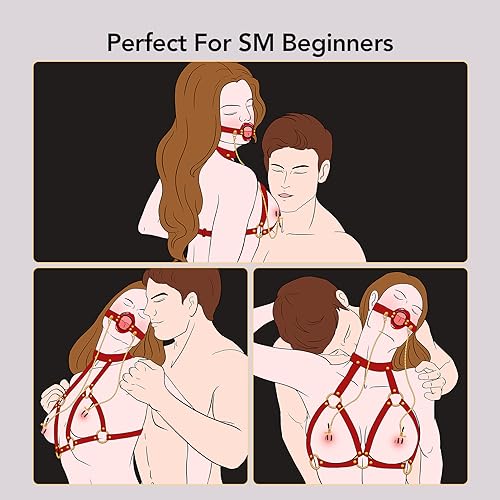 UTIMI Bondage Restraints BDSM Sex Toys Adjustable Bondage Gear & Accessories for Adult Couples, Chest Harness, Nipple Clamp, Neck Collar, and Open Mouth Gag 4 in-1 Sexy Toys Set Sex Game Tool, Red