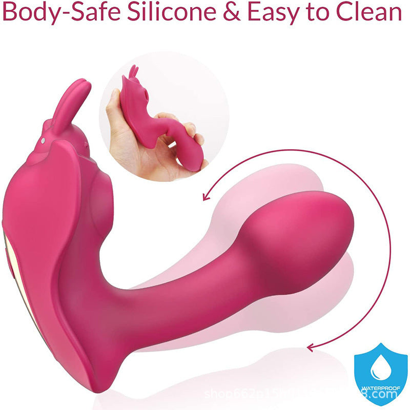 Showcase of a pink dual-action vibrator emphasizing its body-safe silicone and easy-to-clean features. The image displays the flexibility of the vibrator's clitoral arm and highlights the product's smooth, hygienic surface. A water drop symbol underscores its waterproof quality, ensuring safe and effortless maintenance for continued enjoyment.