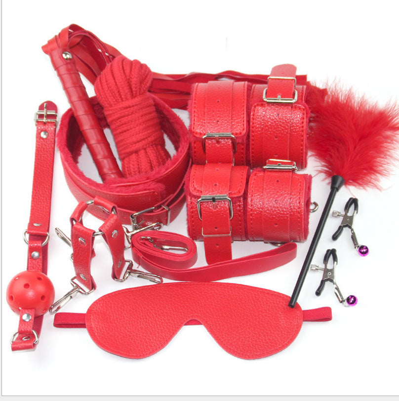 Ultimate 10-Piece Plush Bondage Set – Black PU Leather Erotic Kit
