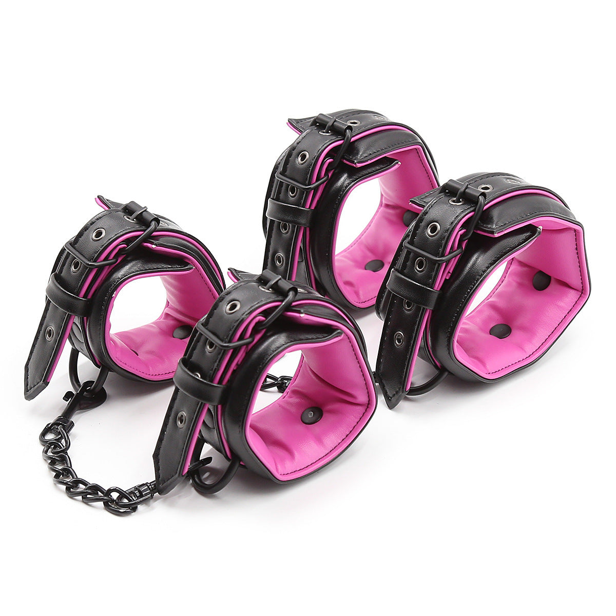 Leather Bondage Set – Handcuffs, Footcuffs, and Neck Scarf in Black and Pink
