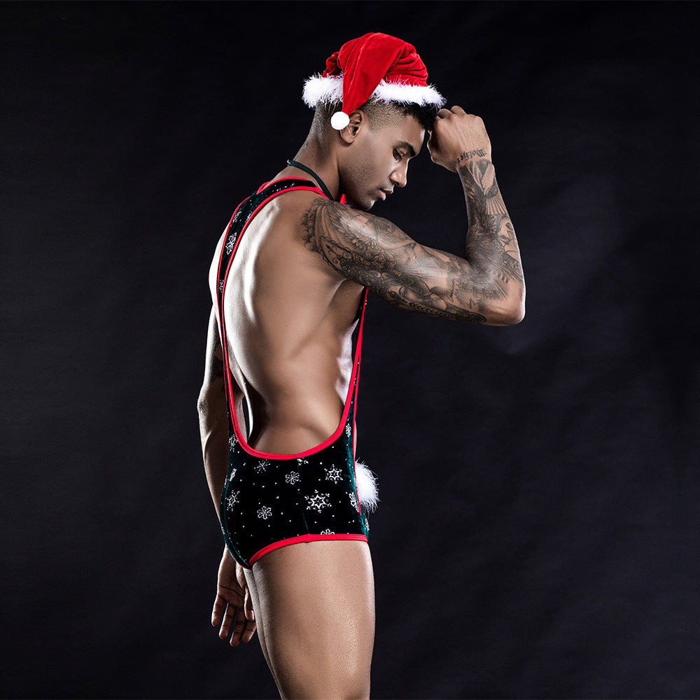 Men's Festive One-Piece Christmas Lingerie Outfit - Sexy Santa Costume with Hat and Bow Tie