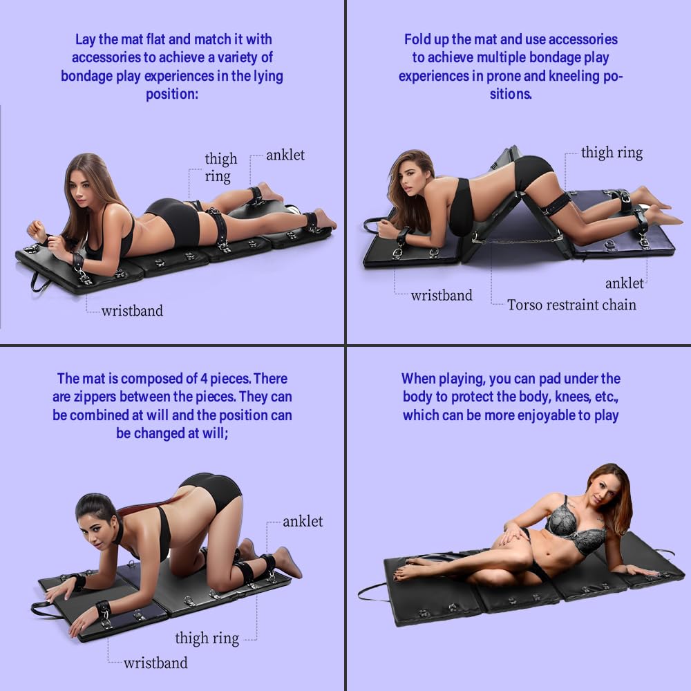 Sex Bondage Restraint BDSM Sex Furniture PU Leather Fetish Restraints System Portable Collapsible Sex Bed Sex Toys for Men Couples Adult Bondage Gear with Handcuffs Ankle Cuffs
