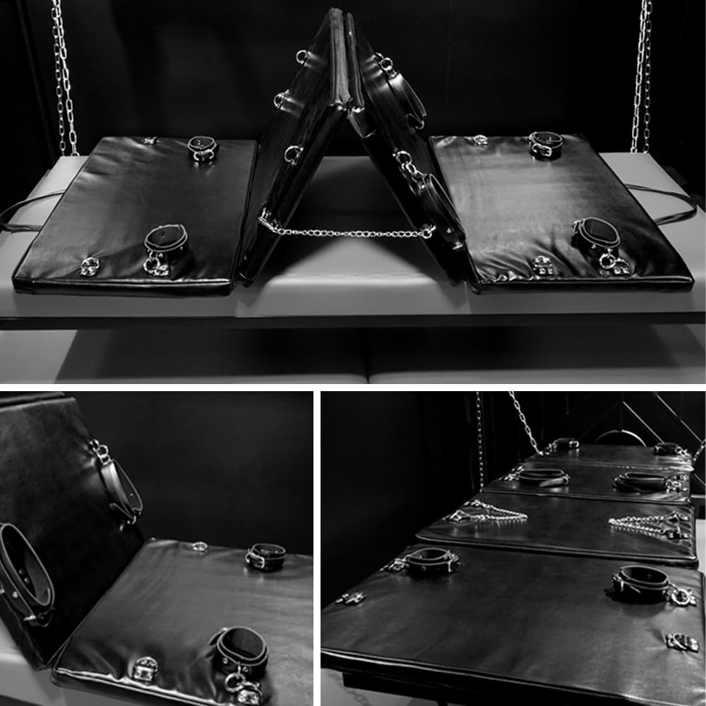 Sex Bondage Restraint BDSM Sex Furniture PU Leather Fetish Restraints System Portable Collapsible Sex Bed Sex Toys for Men Couples Adult Bondage Gear with Handcuffs Ankle Cuffs