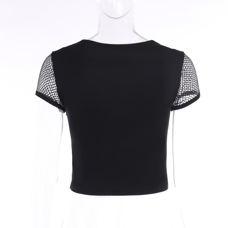 Women's Black Slim Hollow Mesh Patchwork Top | Fashion Short Sleeve Shirt