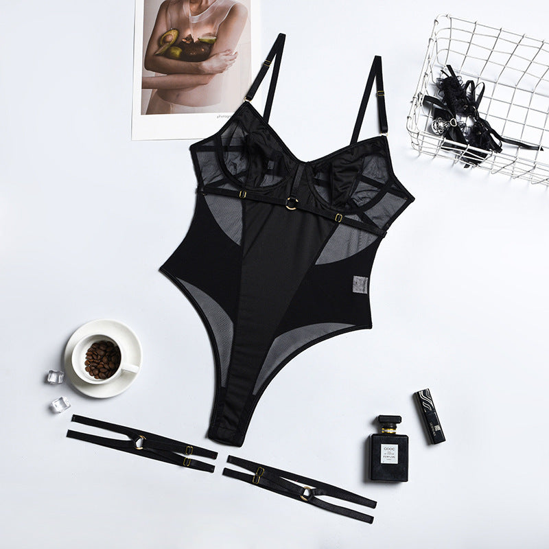 Black Mesh Patchwork Backless Bodysuit – Sexy One-Piece Lingerie for Women