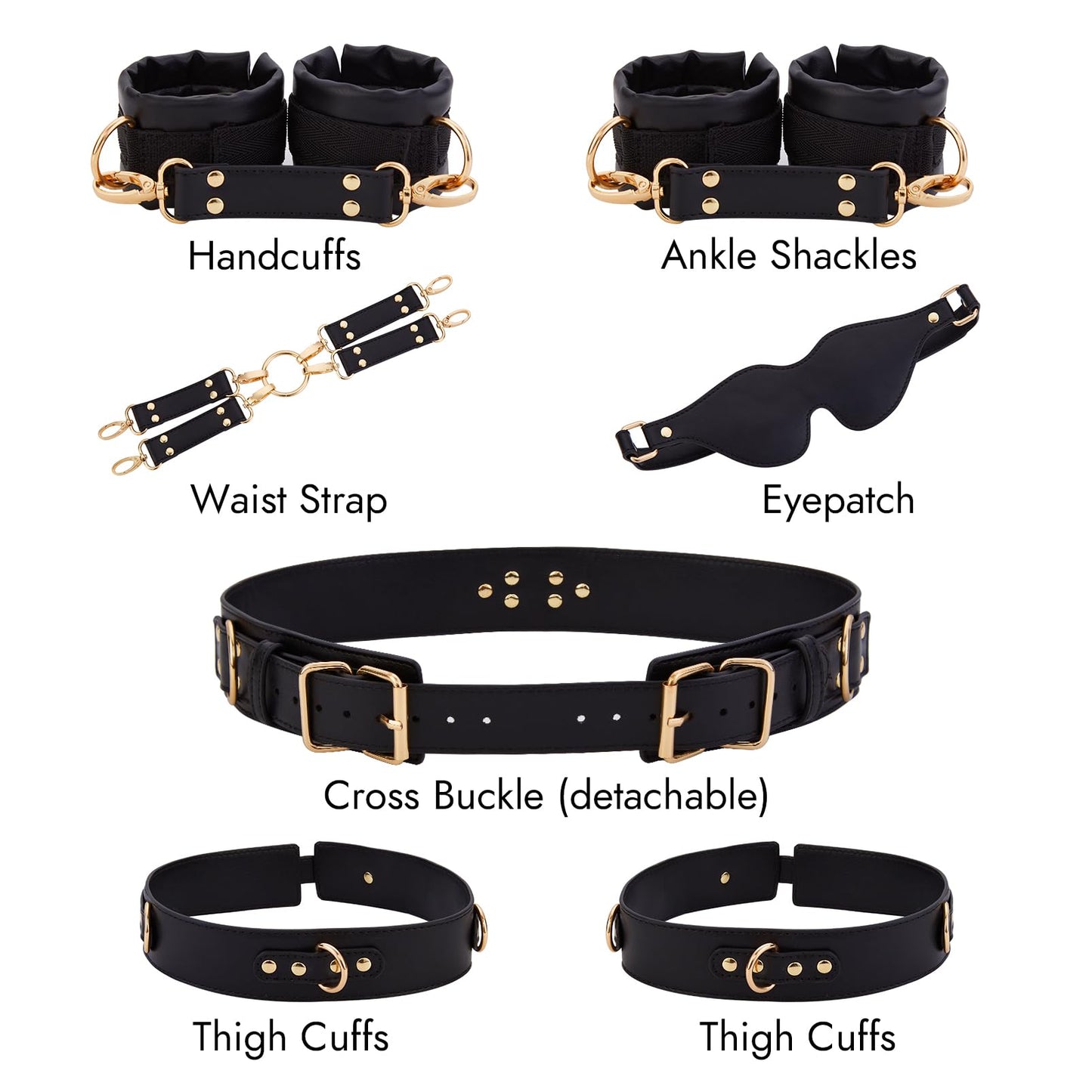Sex Bondage BDSM Kit Restraints 6PCS Sets with Adjustable Handcuffs Ankle Cuff Thigh Cuffs Blindfold Cross Strap Waist Strap Adult SM Games Sex Toys for Men Women and Couples