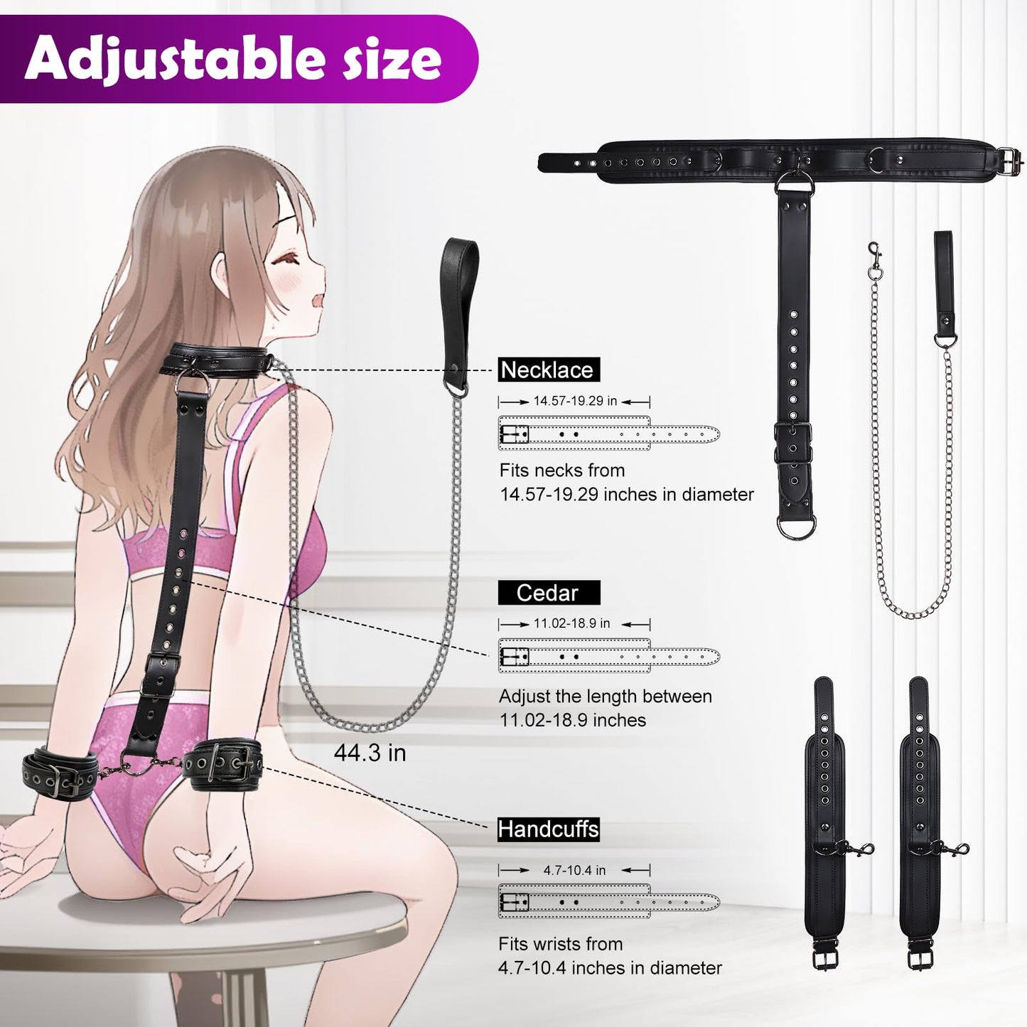 BDSM Bondage Sex Restraints Set Couples Sex Toys, Neck to Wrist Restraints Kit with Traction Chain Back Sex Handcuffs Collar Adjustable Bondage Gear Accessories SM Sexy Slave Beginner Role Play Toy
