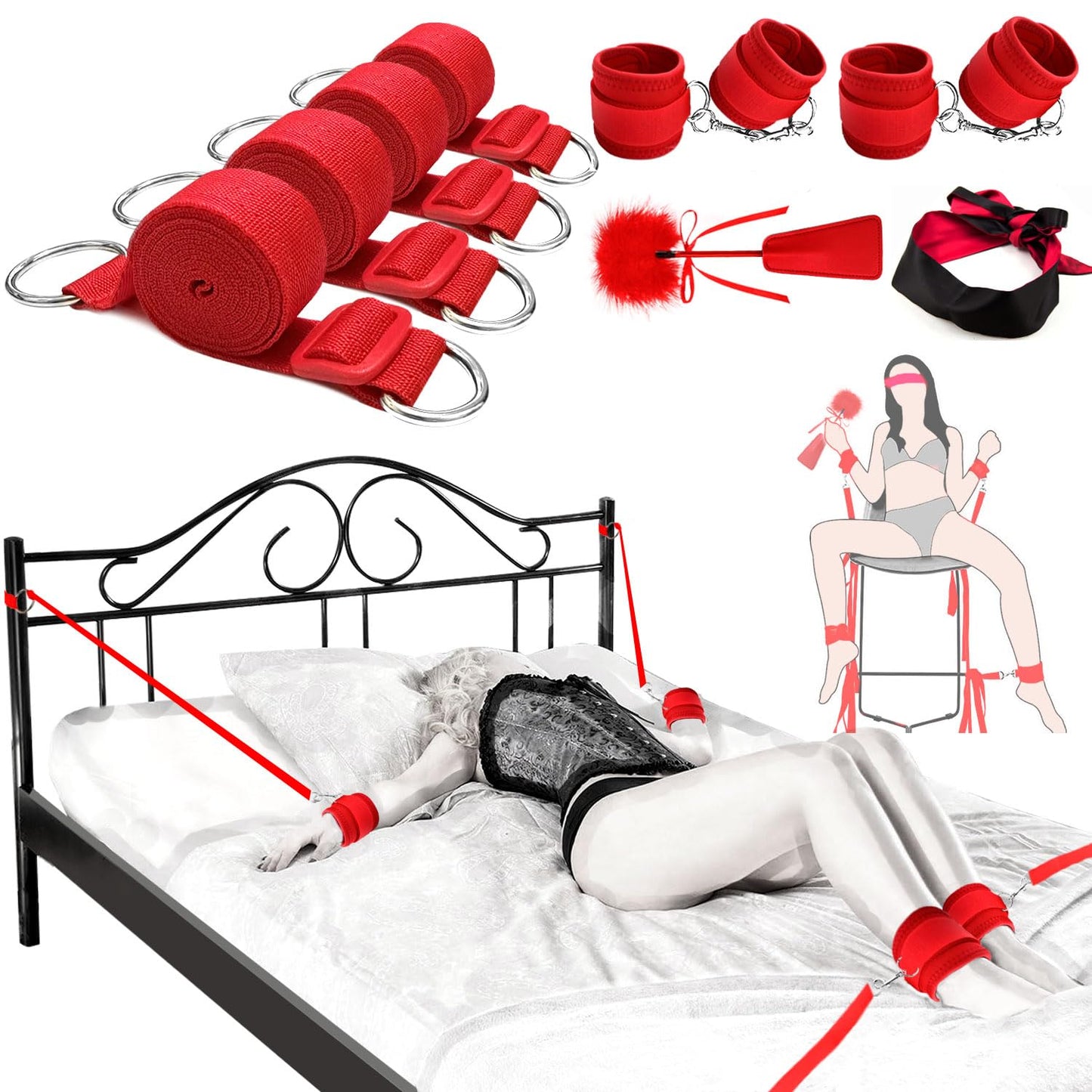 Sex Bondage Restraints BDSM Toys, Selver Versatile Bed Restraints Couple Sex Toys with Sex Straps Bondage Cuffs Blindfold & Feather BDSM Kit, Adult Sex Toys Bondage Gear & Accessories for Couples Game