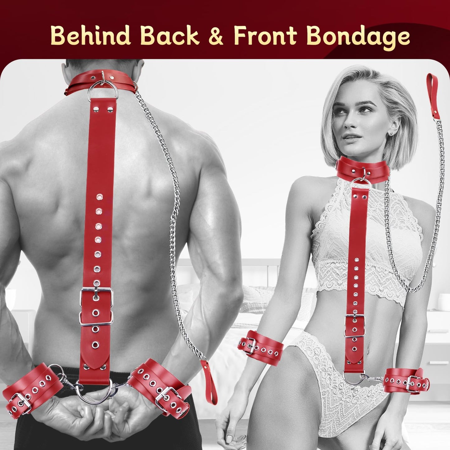 BDSM Bondage Sex Restraints Set Couples Sex Toys, Neck to Wrist Restraints Kit with Traction Chain Back Sex Handcuffs Collar Adjustable Bondage Gear Accessories SM Sexy Slave Beginner Role Play Toy