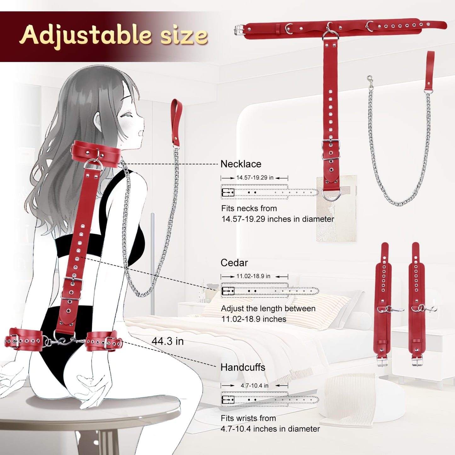 BDSM Bondage Sex Restraints Set Couples Sex Toys, Neck to Wrist Restraints Kit with Traction Chain Back Sex Handcuffs Collar Adjustable Bondage Gear Accessories SM Sexy Slave Beginner Role Play Toy