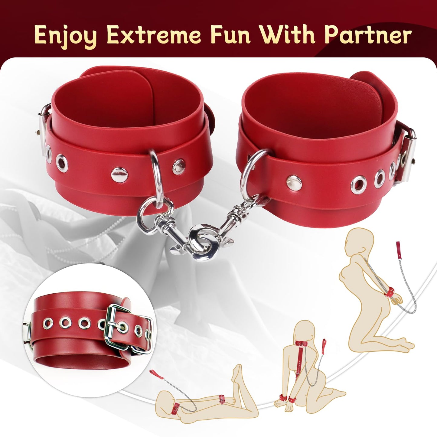 BDSM Bondage Sex Restraints Set Couples Sex Toys, Neck to Wrist Restraints Kit with Traction Chain Back Sex Handcuffs Collar Adjustable Bondage Gear Accessories SM Sexy Slave Beginner Role Play Toy