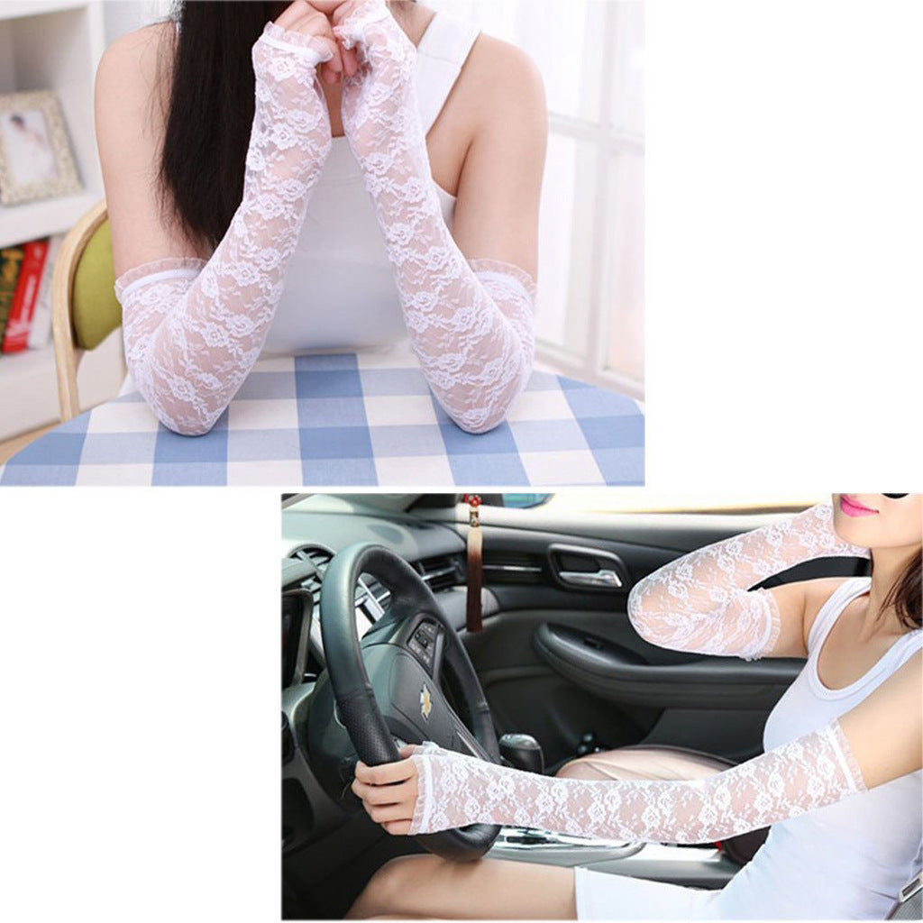 Driving Sunscreen Long Lace Gloves - Elegant Embroidered Split Finger Gloves for Women