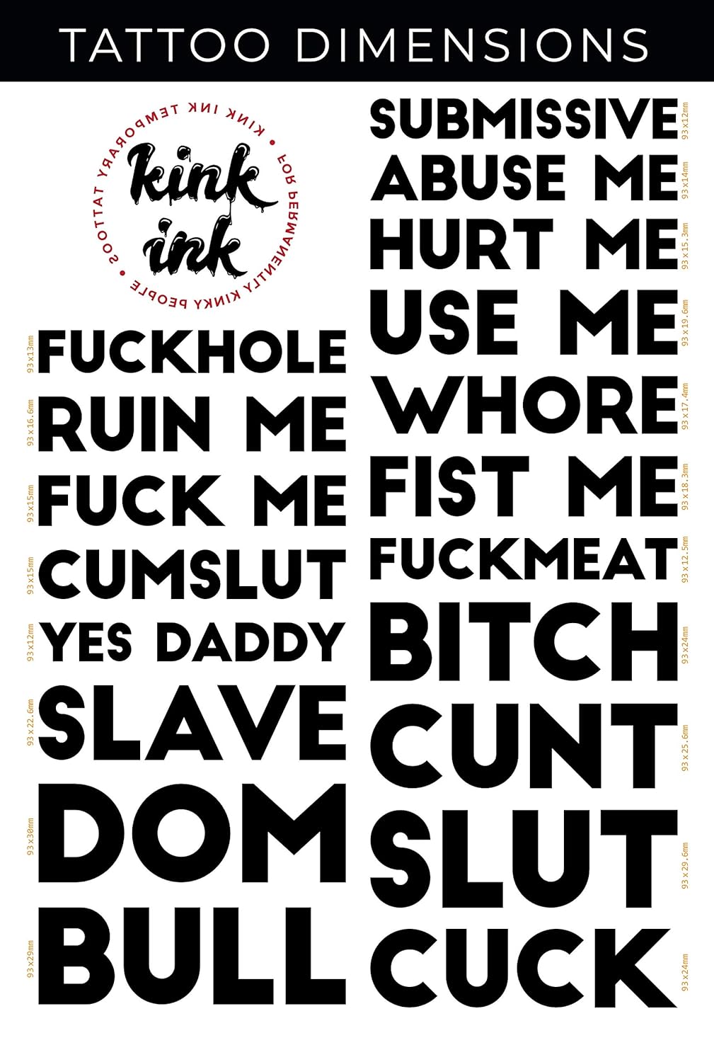19 x Block Word Temporary Tattoo Lettering in Black Sexy Kinky A4 Sheet