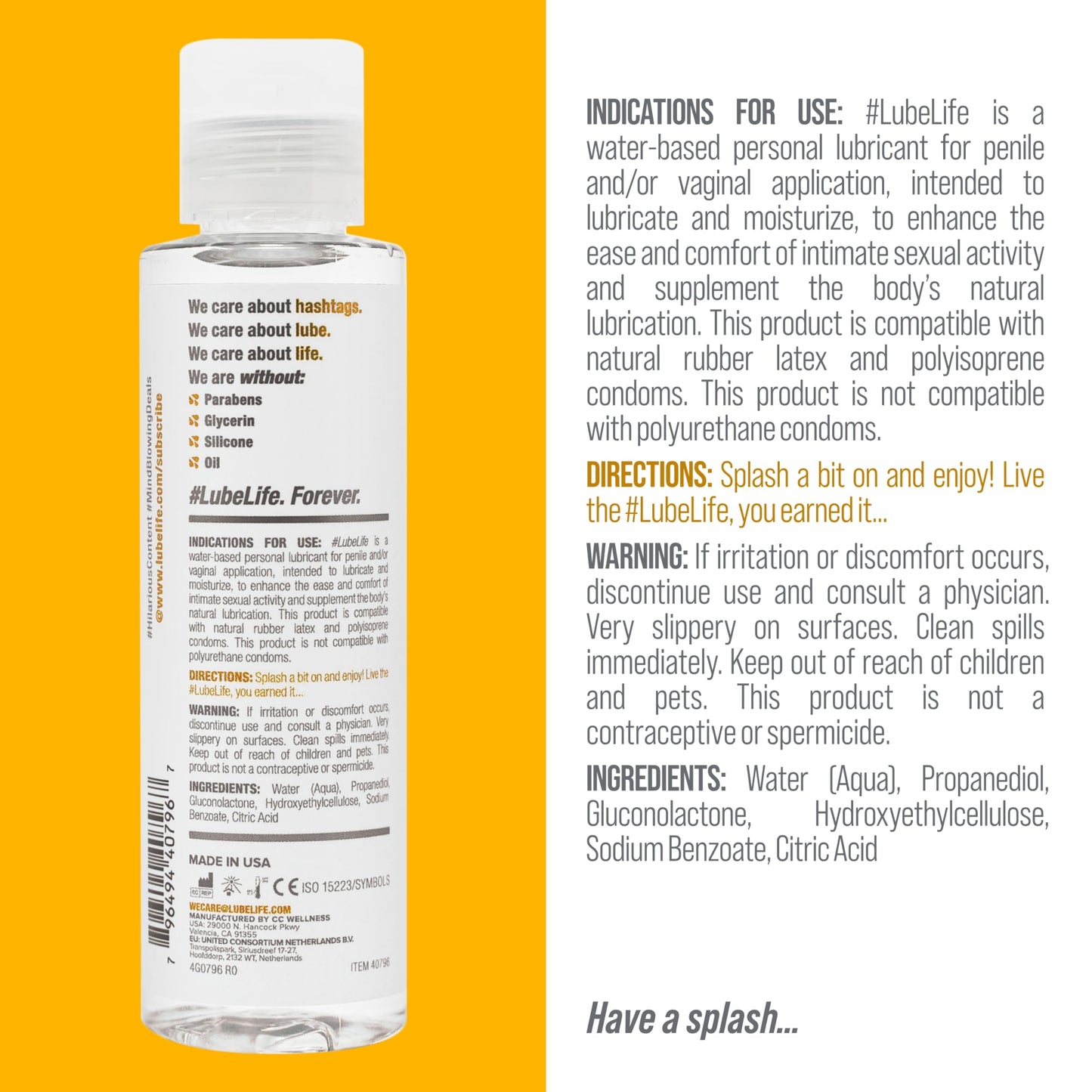 Lube Life Water-Based Personal Lubricant, Lube for Men, Women and Couples, Non-Staining, 8 Fl Oz