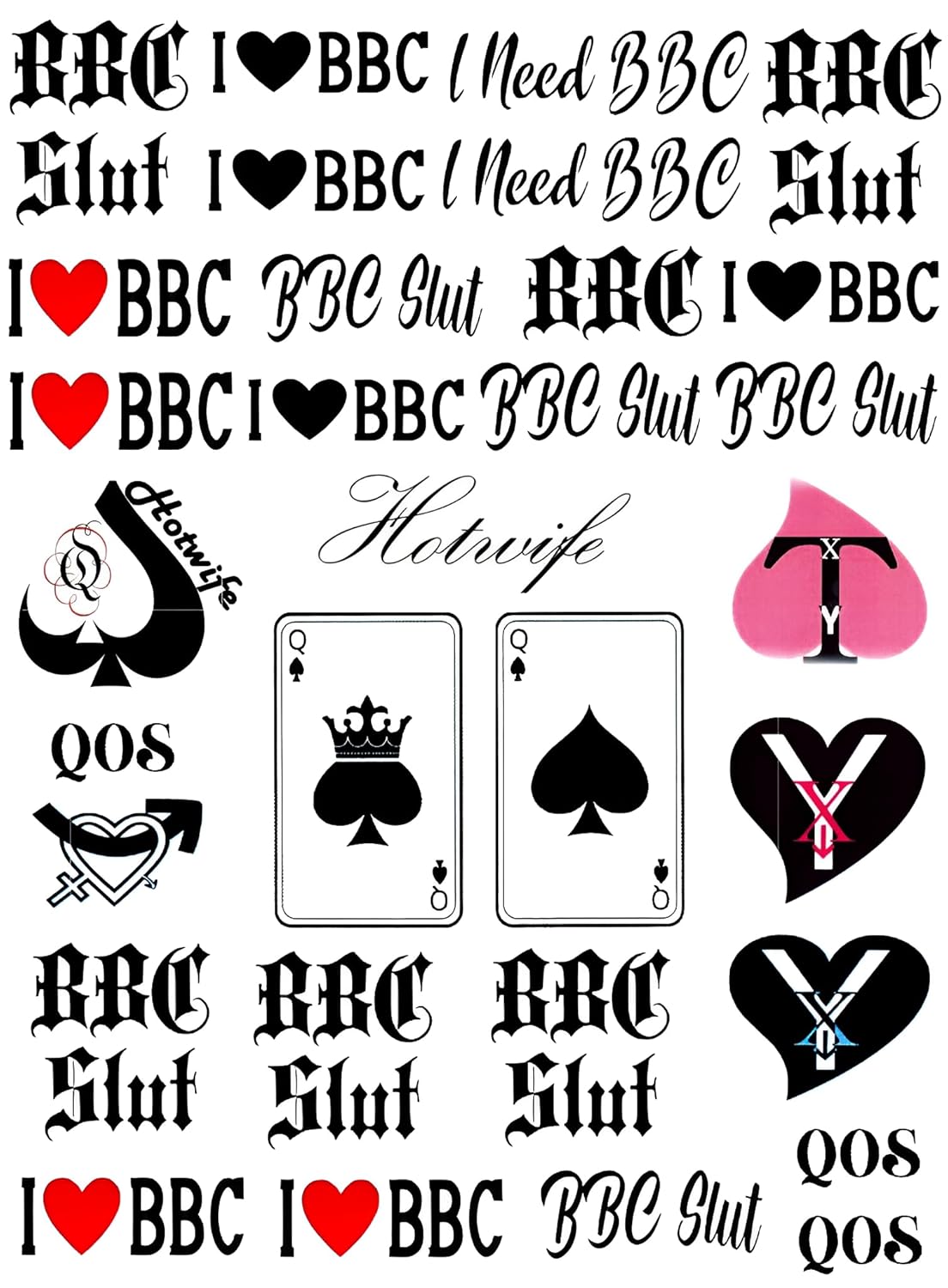 4 Sheets BBC Queen of Spades Temporary Tattoo Sticker Total 81(15X21cm) QoS Hardcore Words Phrases
