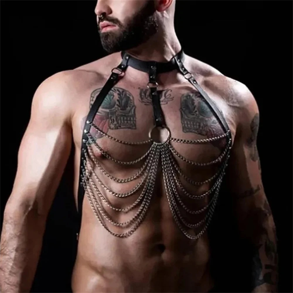 Men's Black Leather Body Chain - Fashionable Metal Chain for Casual Wear