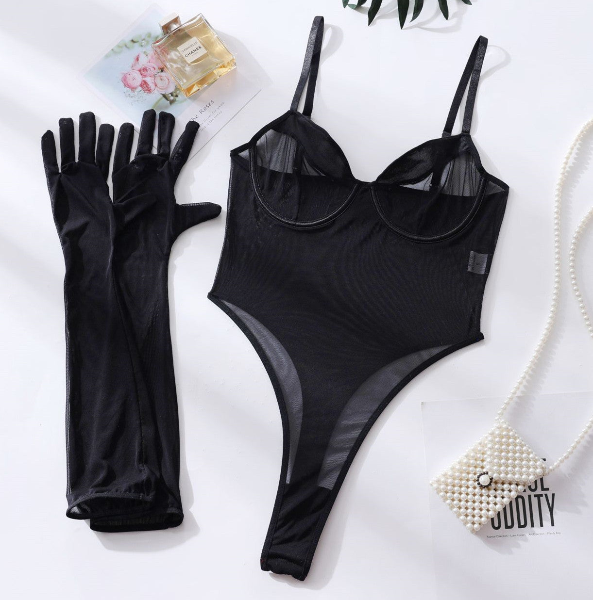 Lace Transparent Mesh Jumpsuit with Assembly Gloves – Sexy Lingerie for Women