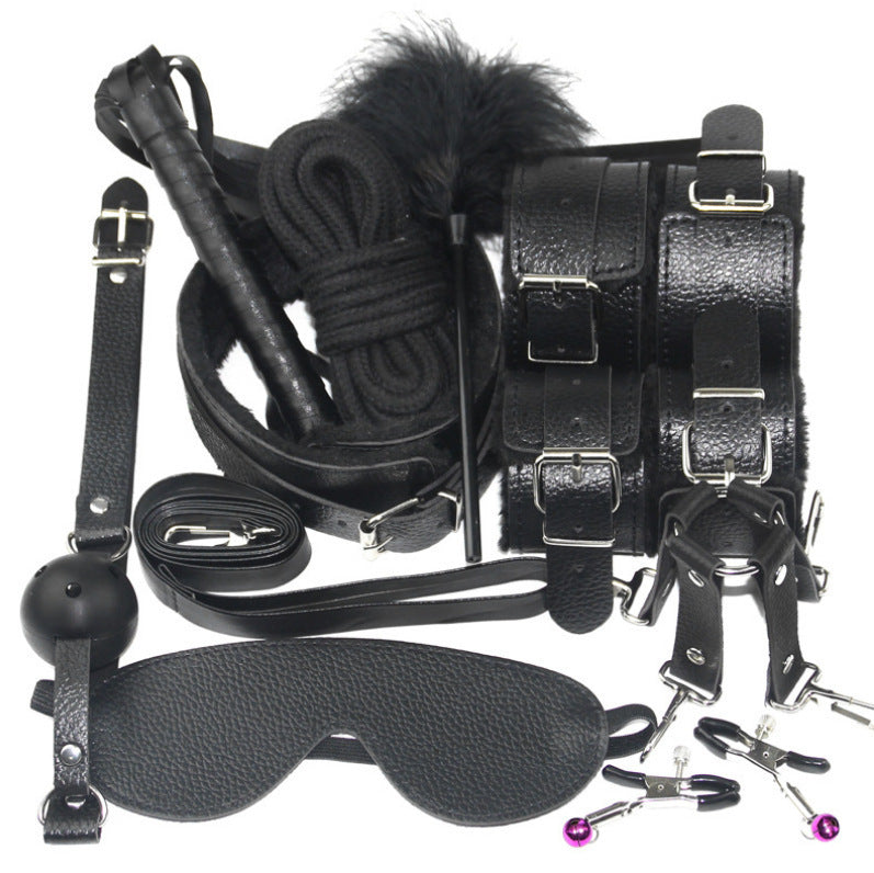 Ultimate 10-Piece Plush Bondage Set – Black PU Leather Erotic Kit