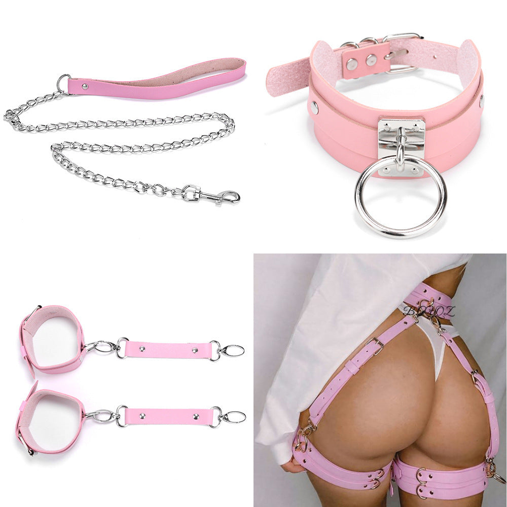 Women's PU Leather Bondage Belt and Necklet Set – Collar & Handcuffs in Black, Red, Pink